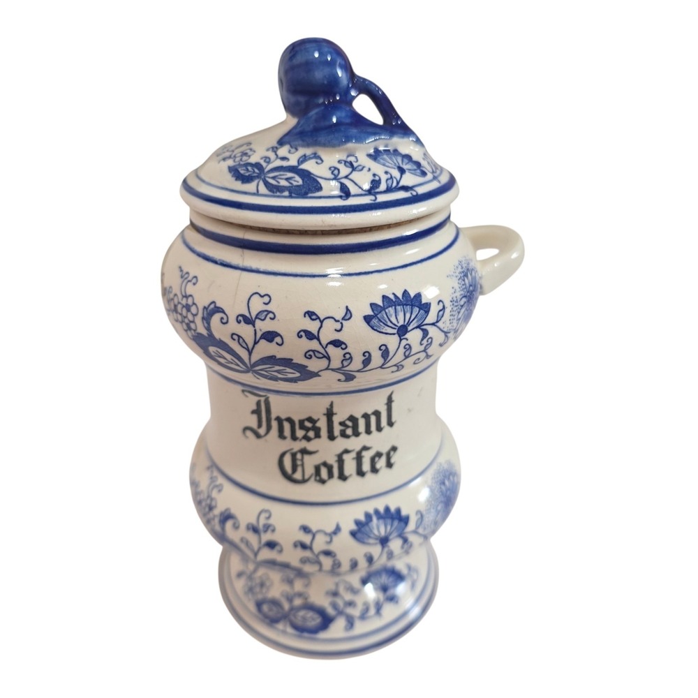 Vintage Blue White Delft Style Instant Coffee Canister Jar Ceramic Lid Crock